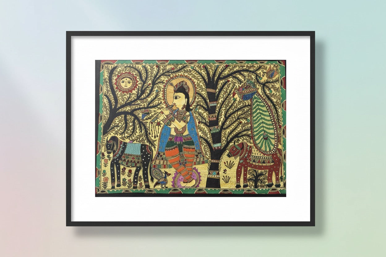 Krishna in Vrindavan Mithila painting