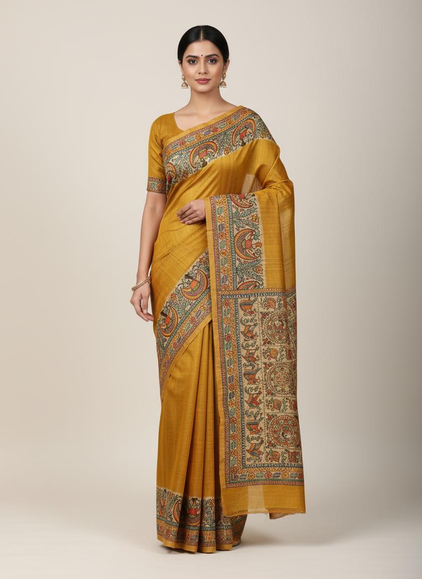 Kachni Kinara Handpainted Madhubani Border Silk Saree