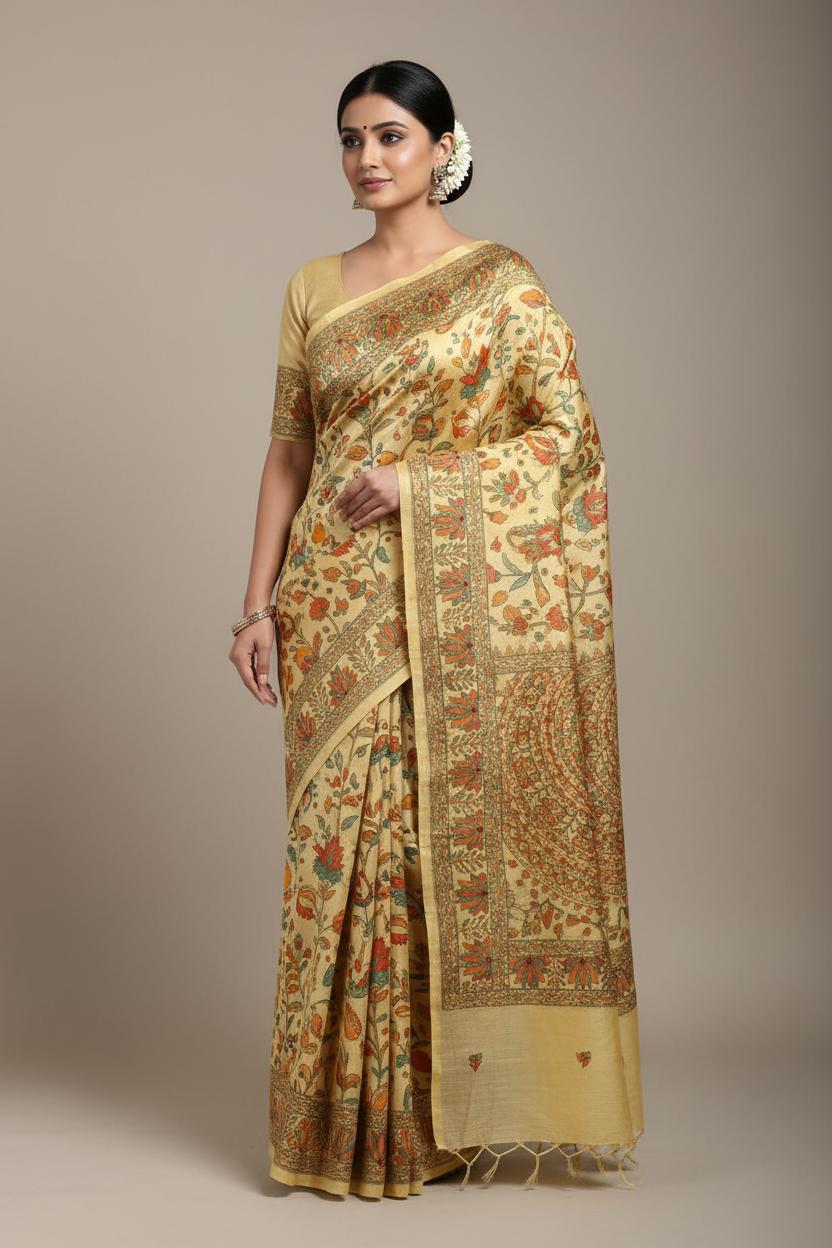 Vasant Udyan Handpainted Floral Jaal Tussar Silk Saree