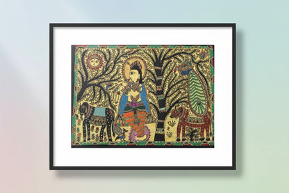 Krishna in Vrindavan Mithila painting