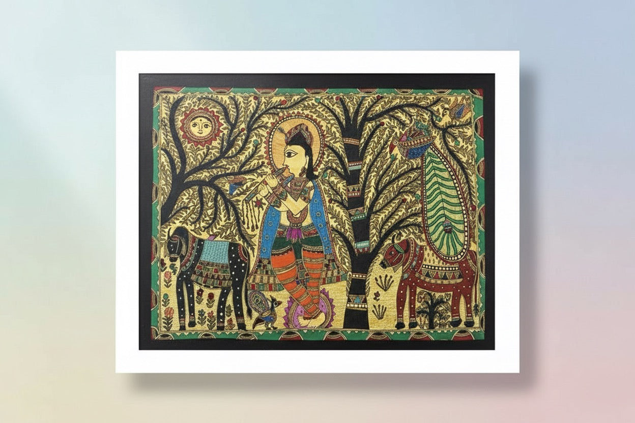 Krishna in Vrindavan Mithila painting