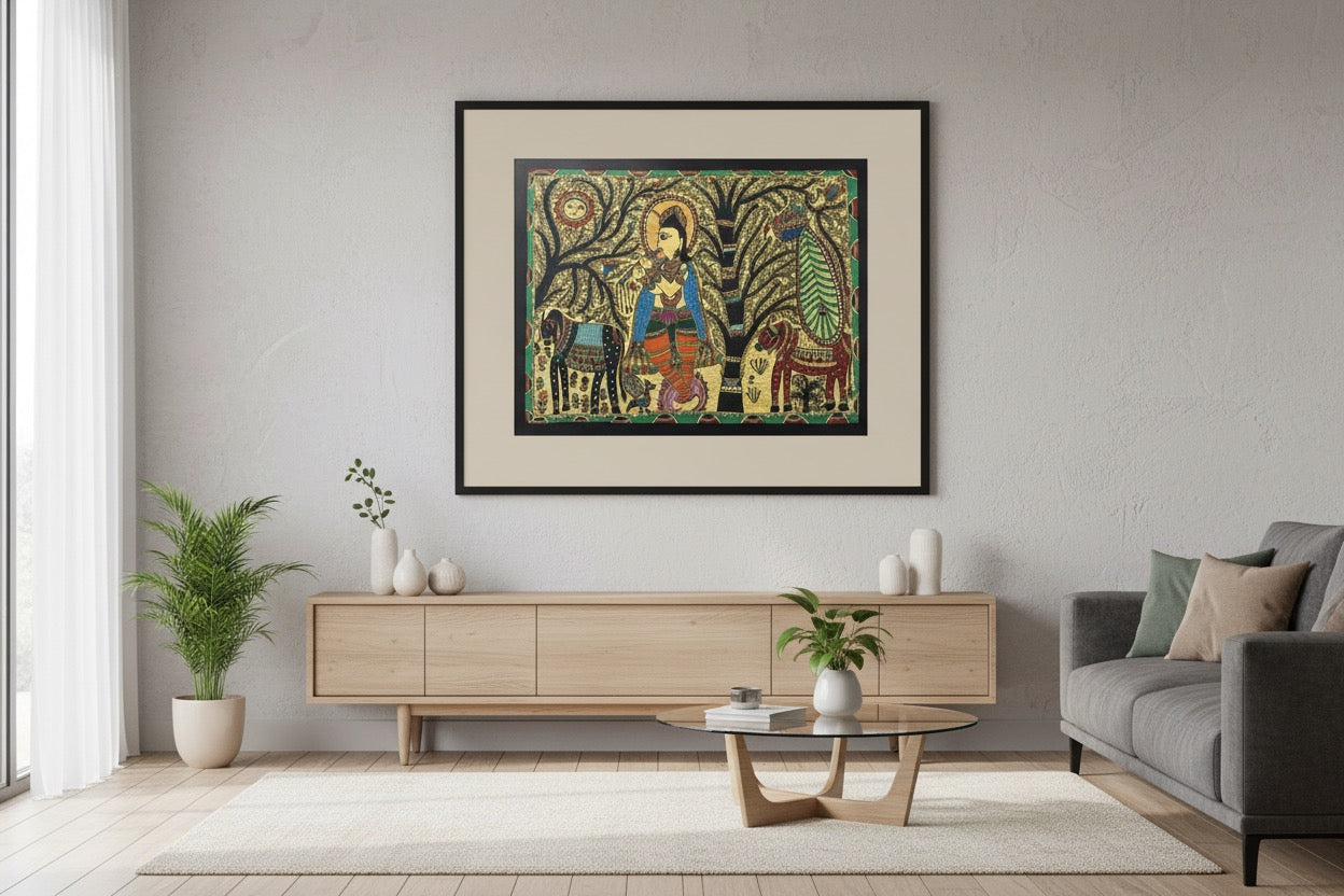 Krishna in Vrindavan Mithila painting