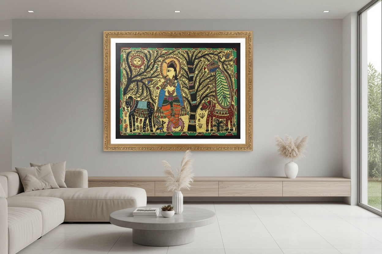 Krishna in Vrindavan Mithila painting