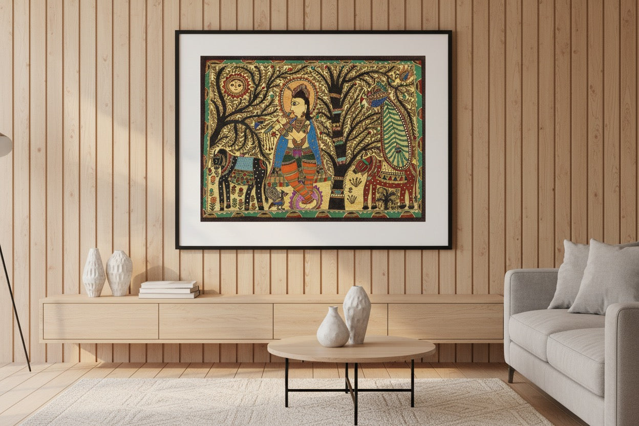 Krishna in Vrindavan Mithila painting