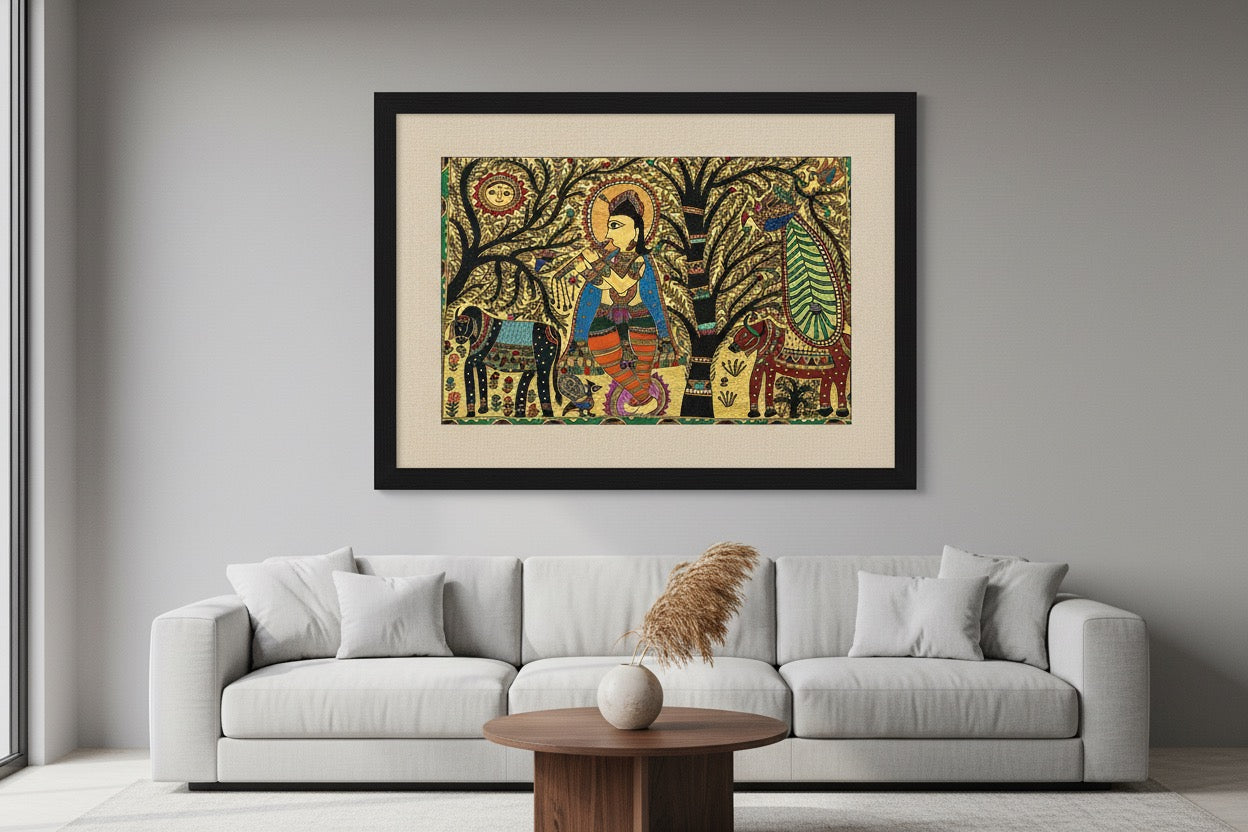 Krishna in Vrindavan Mithila painting