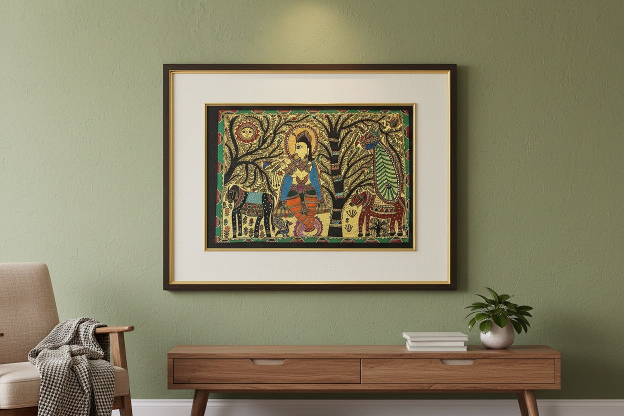 Krishna in Vrindavan Mithila painting