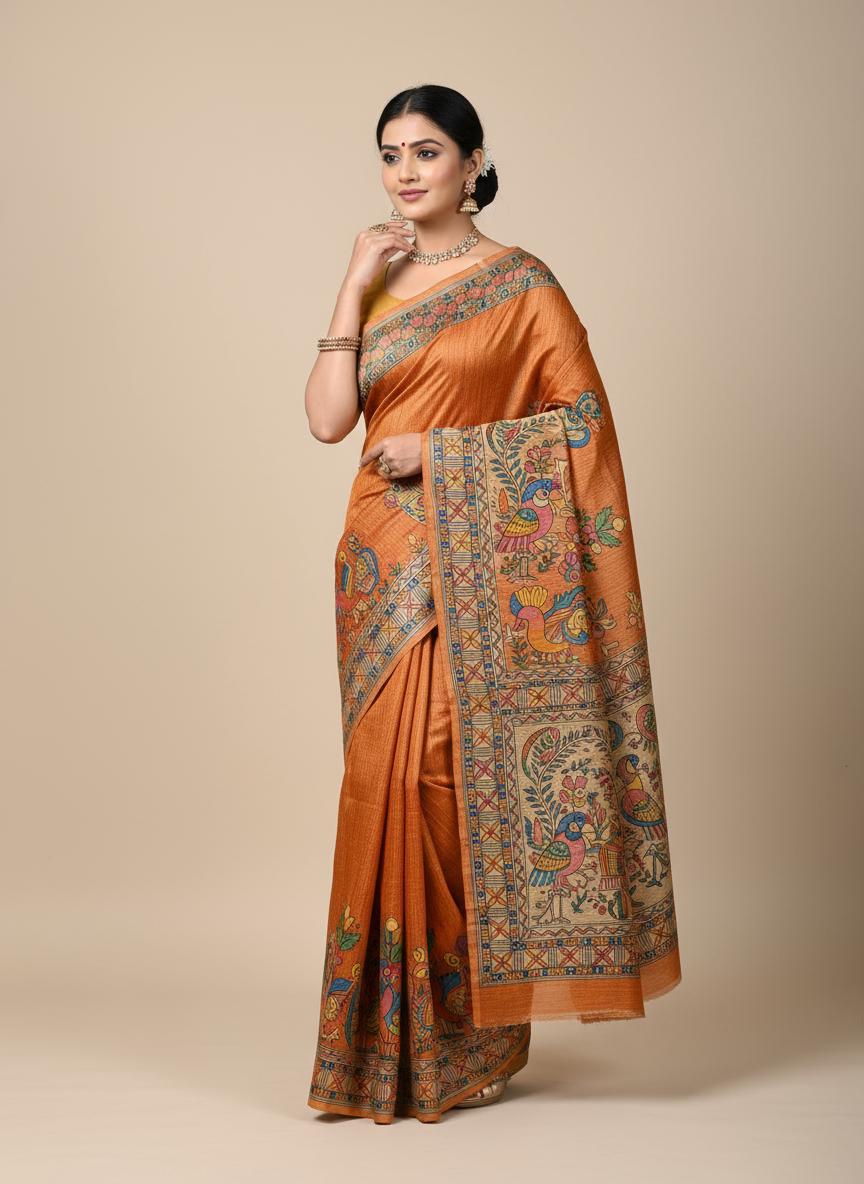 Orange Ethnic Hand Crafted Motif silk Blend Saree