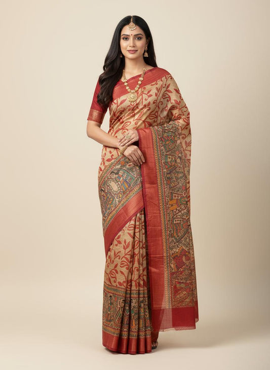 Ram Katha Handcrafted Madhubani Figural Tussar Saree