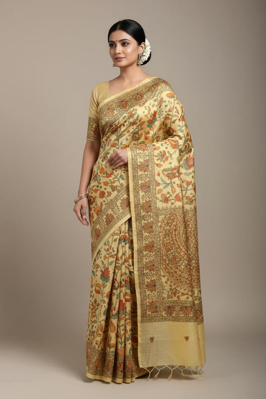 Vasant Udyan Handpainted Floral Jaal Tussar Silk Saree