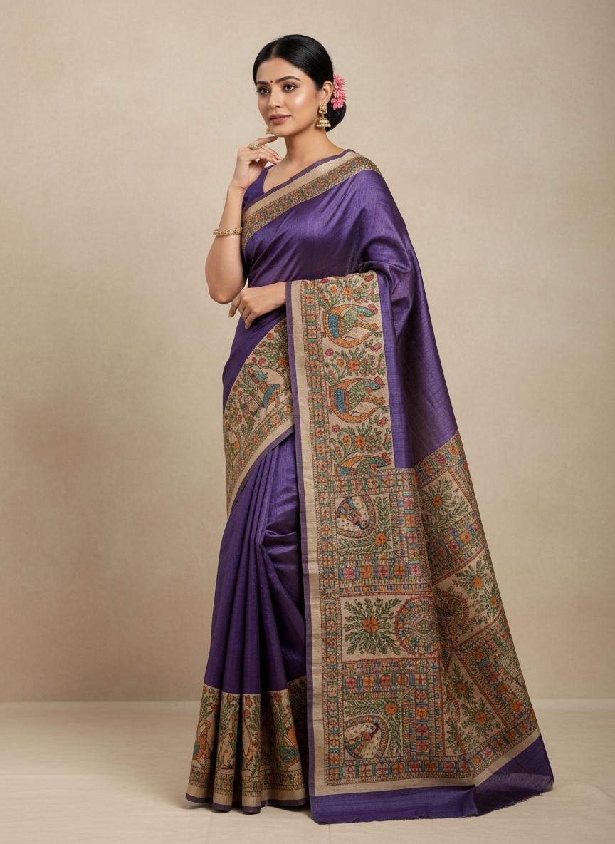 Mayur Utsav Handpainted Madhubani Tussar Silk Saree