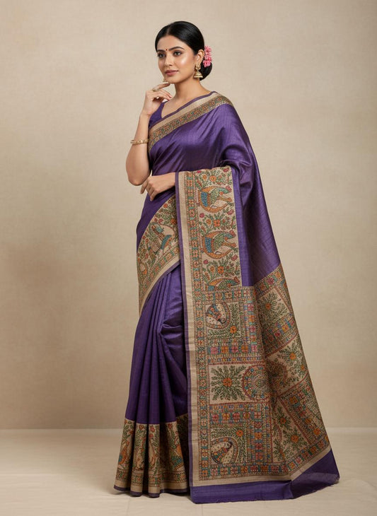 Mayur Utsav Handpainted Madhubani Tussar Silk Saree